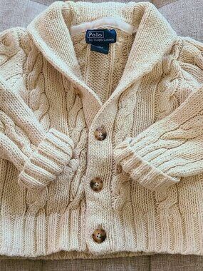 Polo Ralph Lauren Cream Cardigan Sweater 18M Cable Knit Shawl Collar Linen Blend